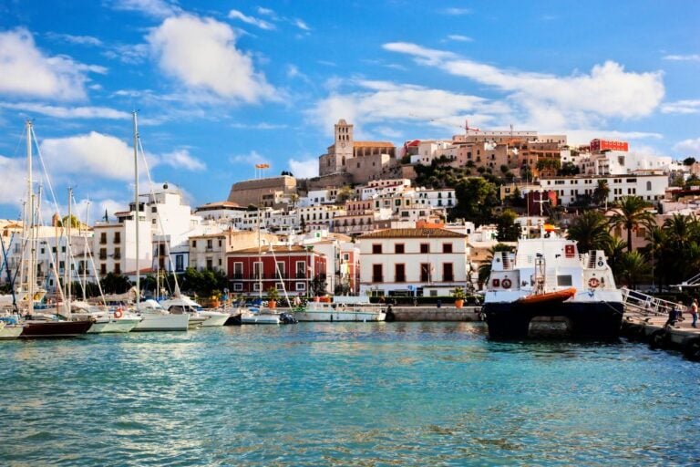 A view of the bay and Old Town in Ibiza Spain.