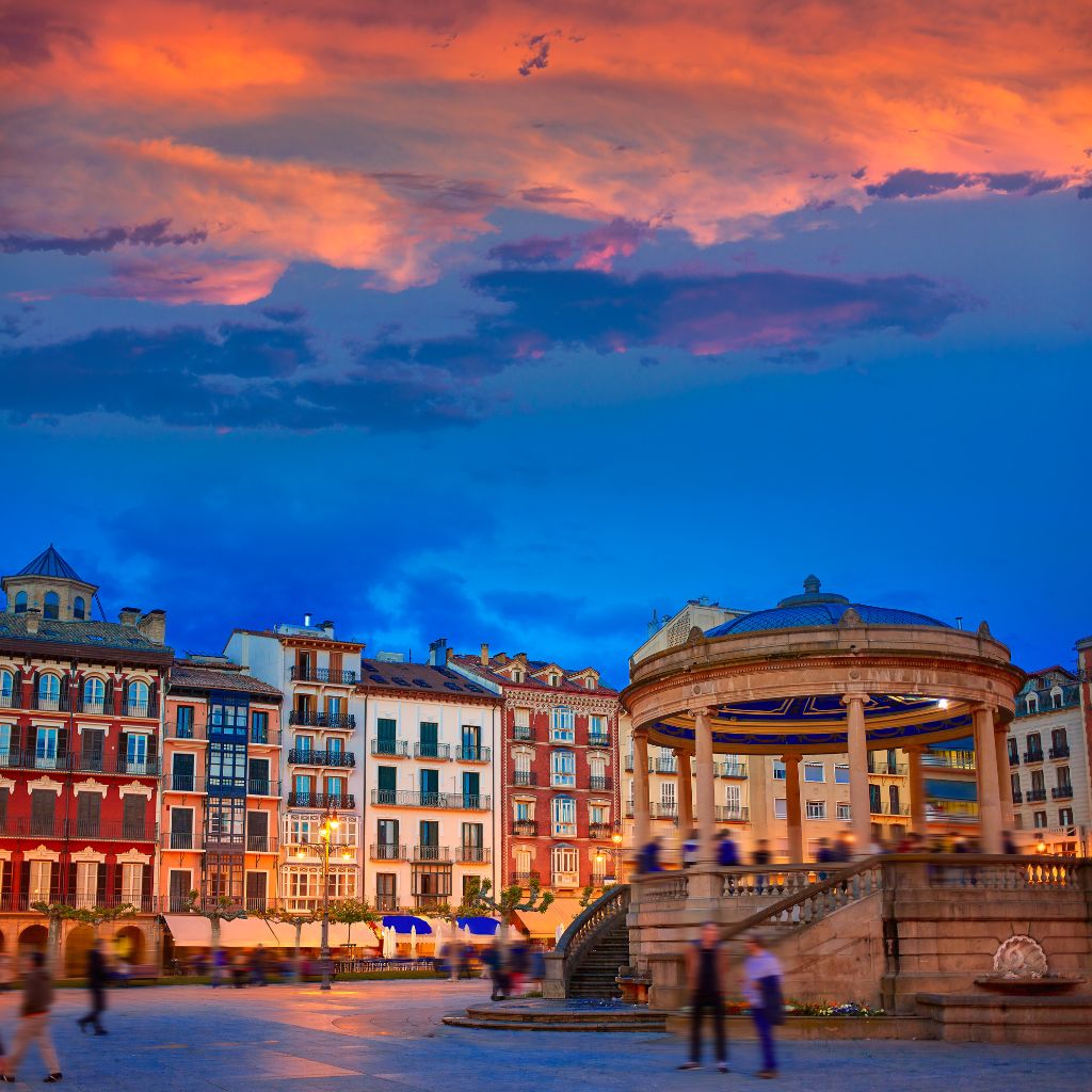 A photo of one of the squares in Pamplona, taken at dusk.