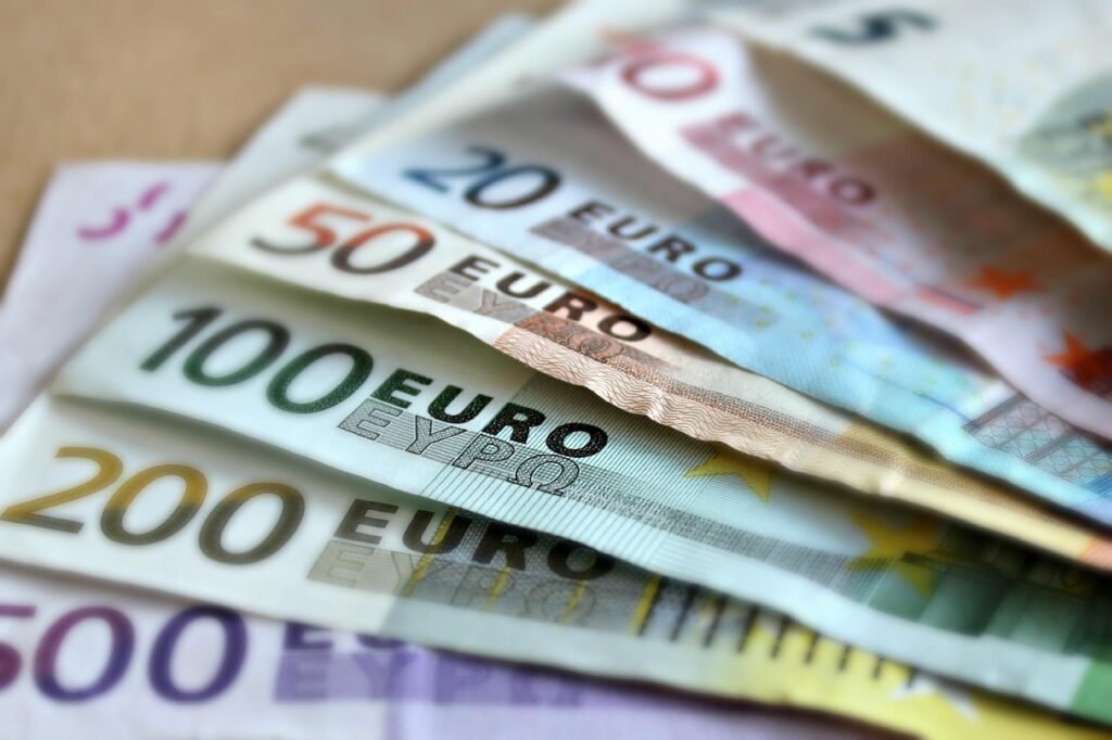 A set of different Euro banknotes.