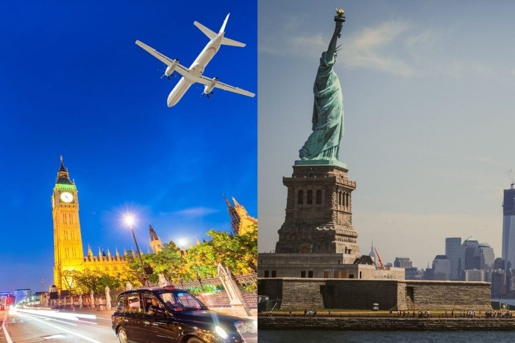 A collage showing the Statue of Liberty and a plane flying above London, representing journeys like the flight to Madrid.