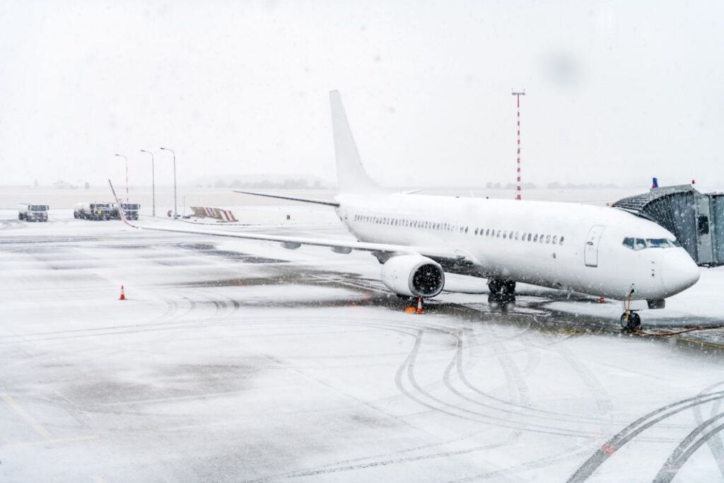 A large airplane parked on a snowy tarmac, ready for departure to Madrid.