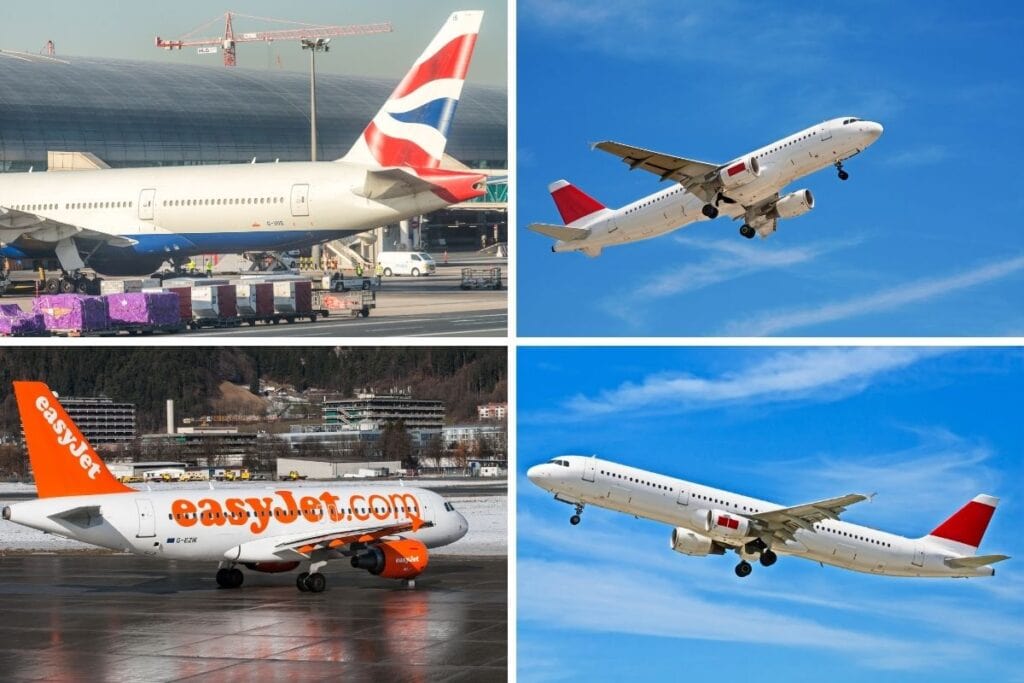 Four distinct airplanes on the runway, highlighting various styles and sizes, preparing for their flights.