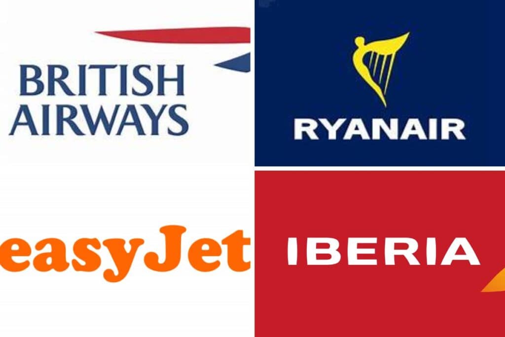 Image showing EasyJet and British Airways logos, discussing flight durations to Madrid for travelers.
