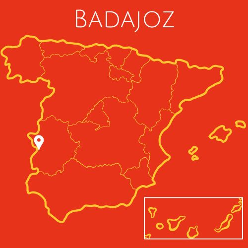 A red map of Spain with the word Badjoz at the top