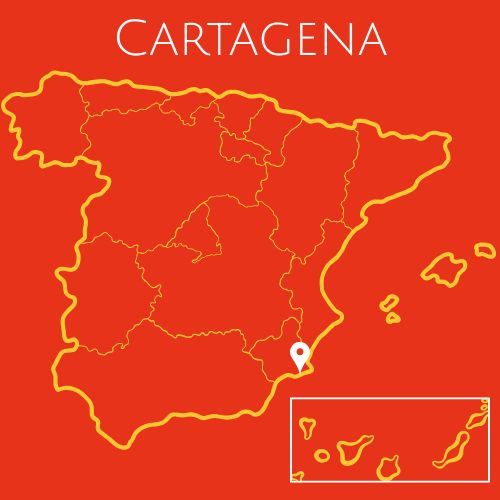 A red map of Spain with the word Cartagena at the top