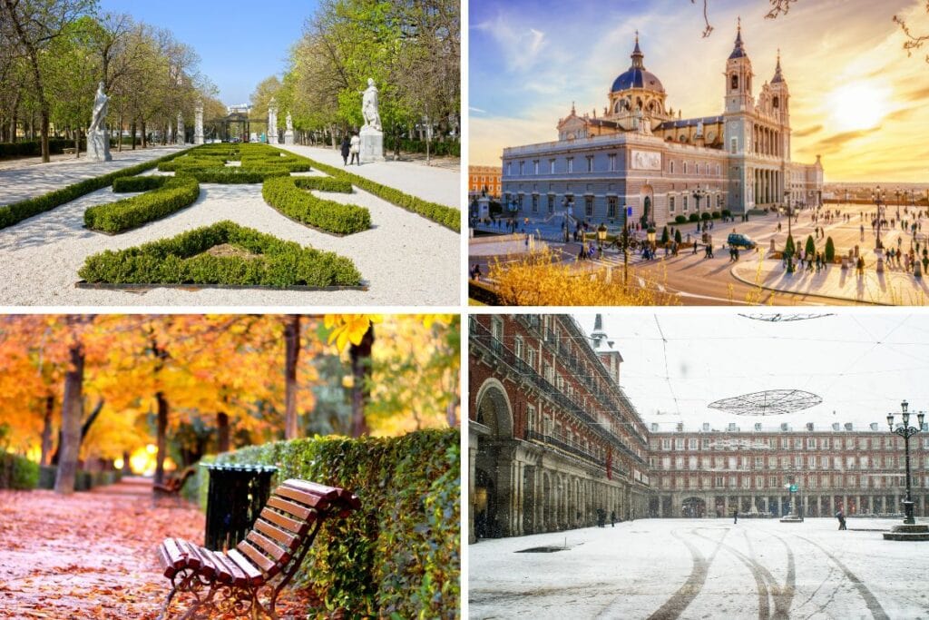Four images showcasing a park, a church, and a building, illustrating various aspects of urban scenery in Madrid during the different seasons