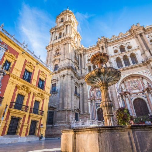 A fountain in front of Málaga cathedral.