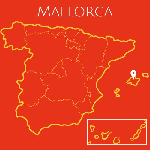 A red map of Spain with the word Mallorca at the top