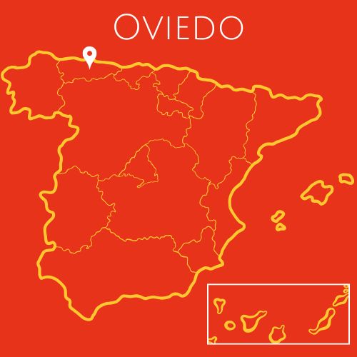 A red map of Spain with the word Oviedo at the top