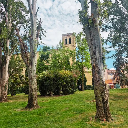 A green park with trees with a tall stone tower in the background