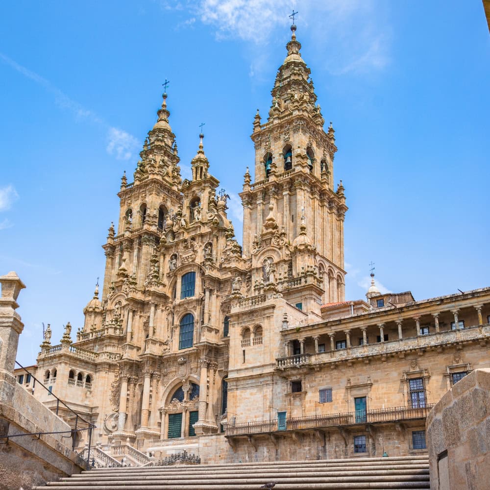 2. A view of Santiago Cathedral in Spain, showcasing its large structure and two distinctive towers.
