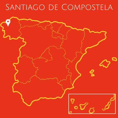 A red map of Spain with the word Santiago de Compostela at the top