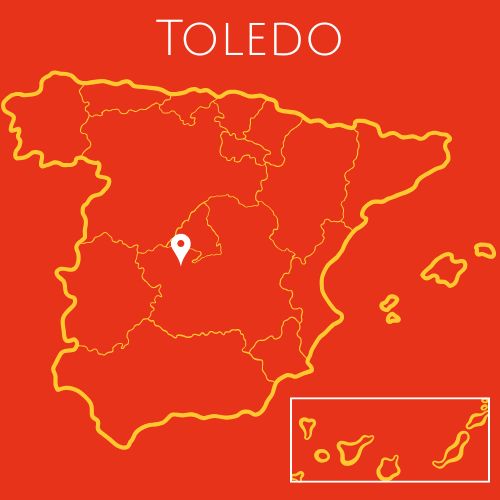 A red map of Spain with the word Toledo at the top