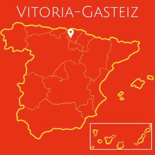 A red map of Spain with the word Vitoria-Gasteiz at the top