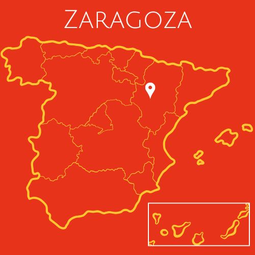 A red map of Spain with the word Zaragoza at the top