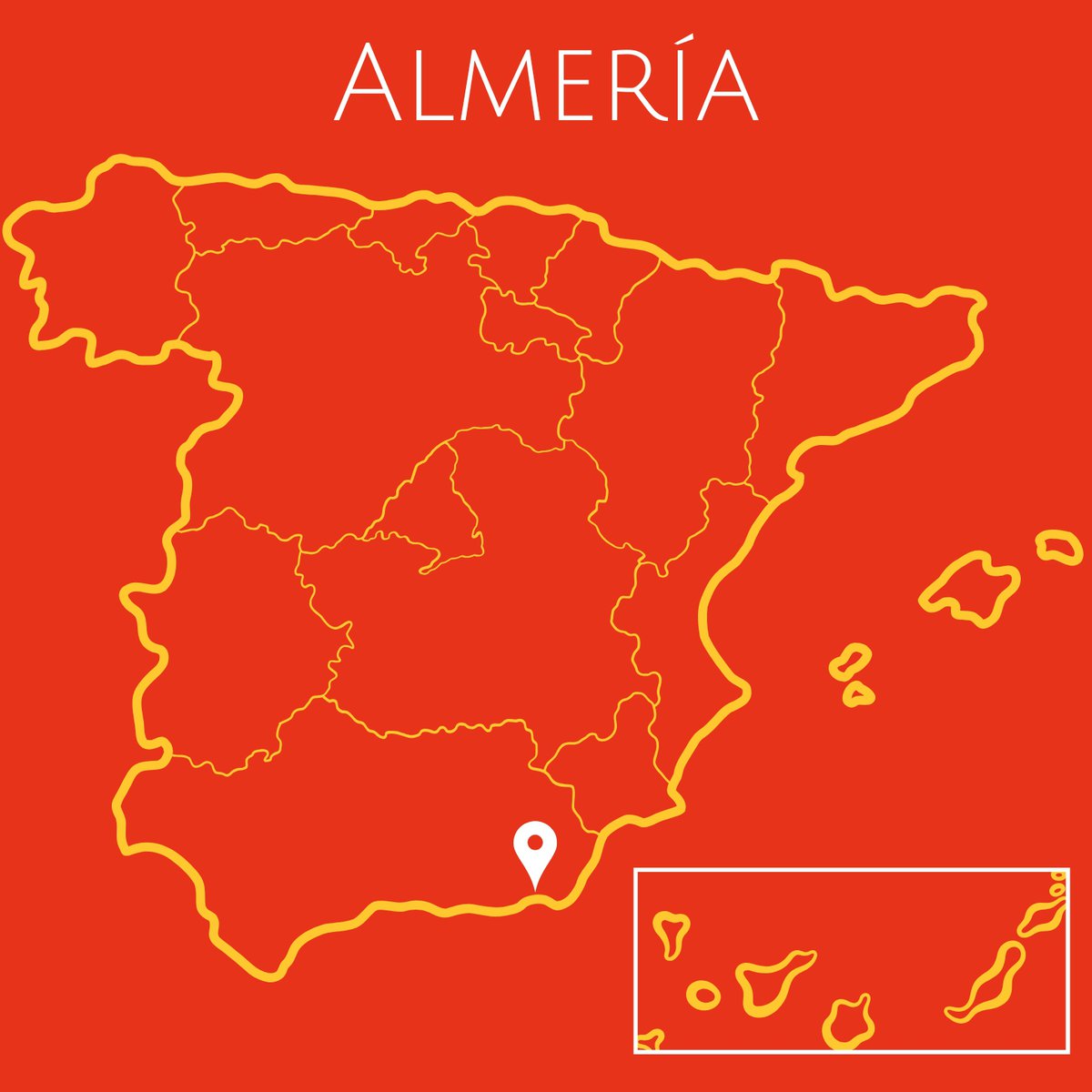 A red map of Spain with the word Almería at the top