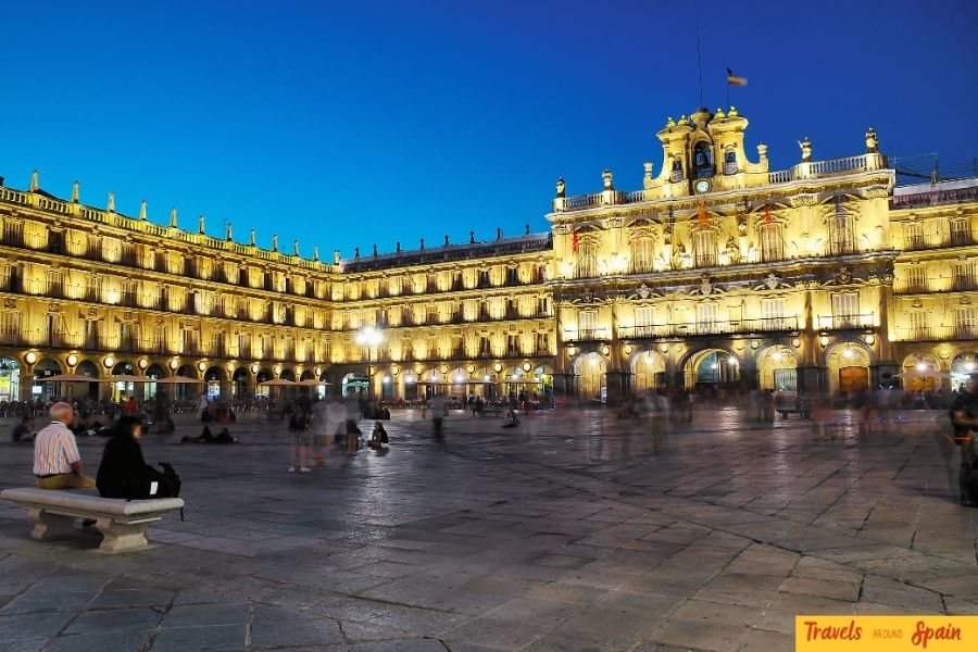 Plaza Mayor in Salamanca, a grand Baroque square glowing with historic charm — one of the best places to visit in Spain for first-time travelers.