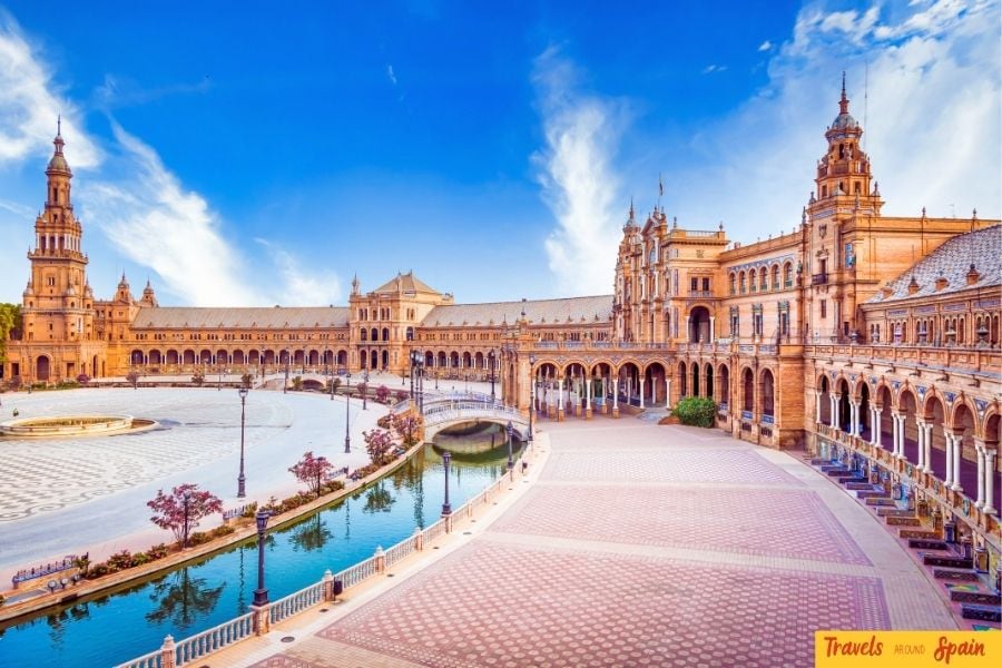 Plaza de España in Seville, a must-see landmark and one of the best places to visit in Spain for first-timers, showcasing stunning architecture and vibrant tile work.