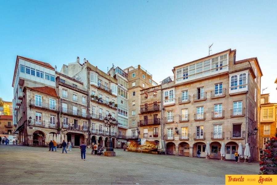 Vibrant historic square in Vigo, one of the best places to visit in Spain for first-timers, showcasing lively atmosphere and traditional architecture.