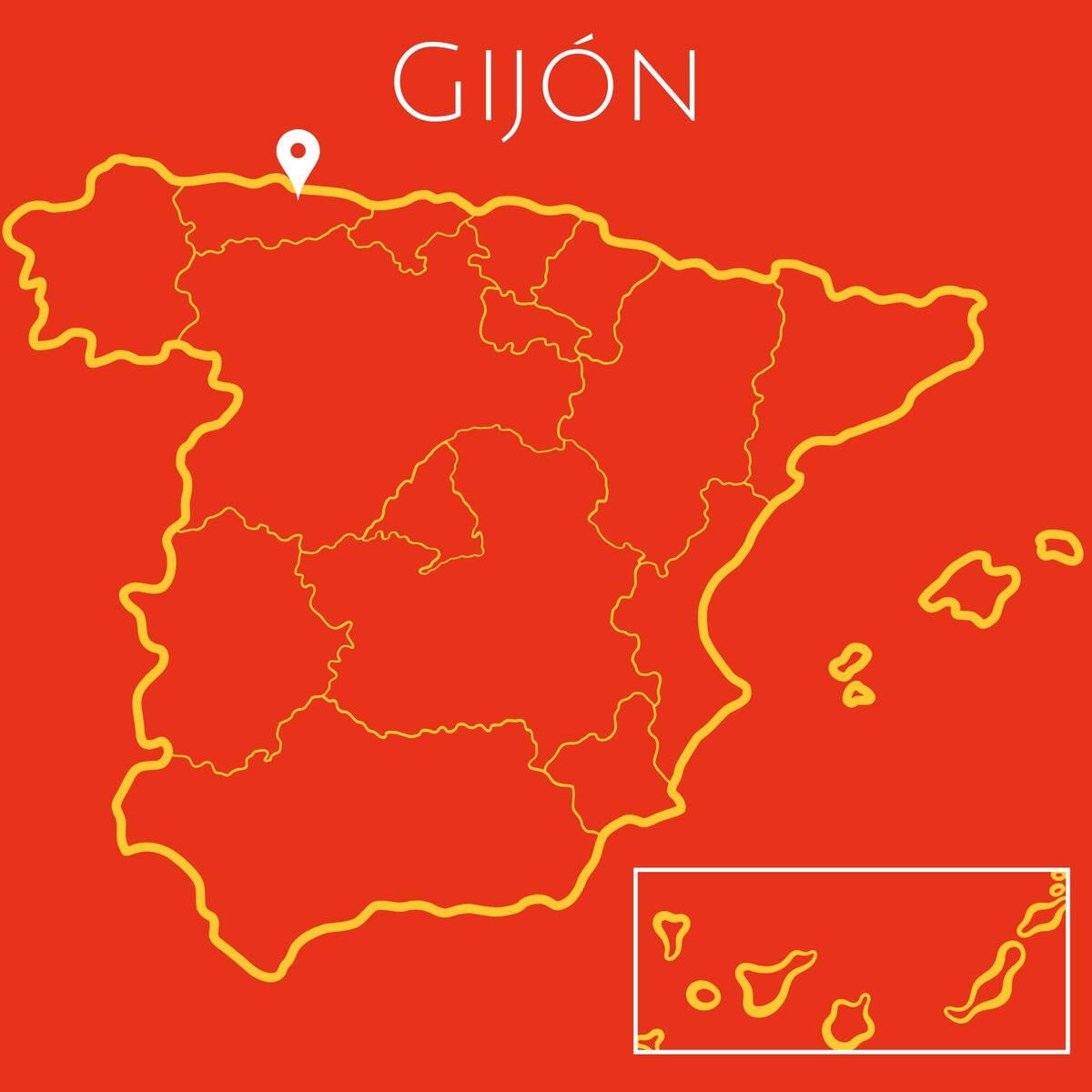 A red map of Spain with the word Gijón at the top
