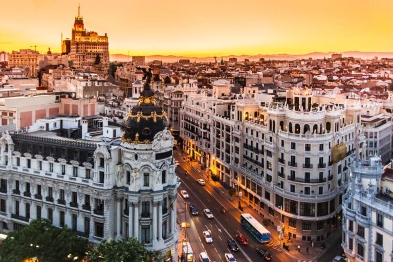Aerial view of Madrid at sunset with rooftops and Gran Via visible
