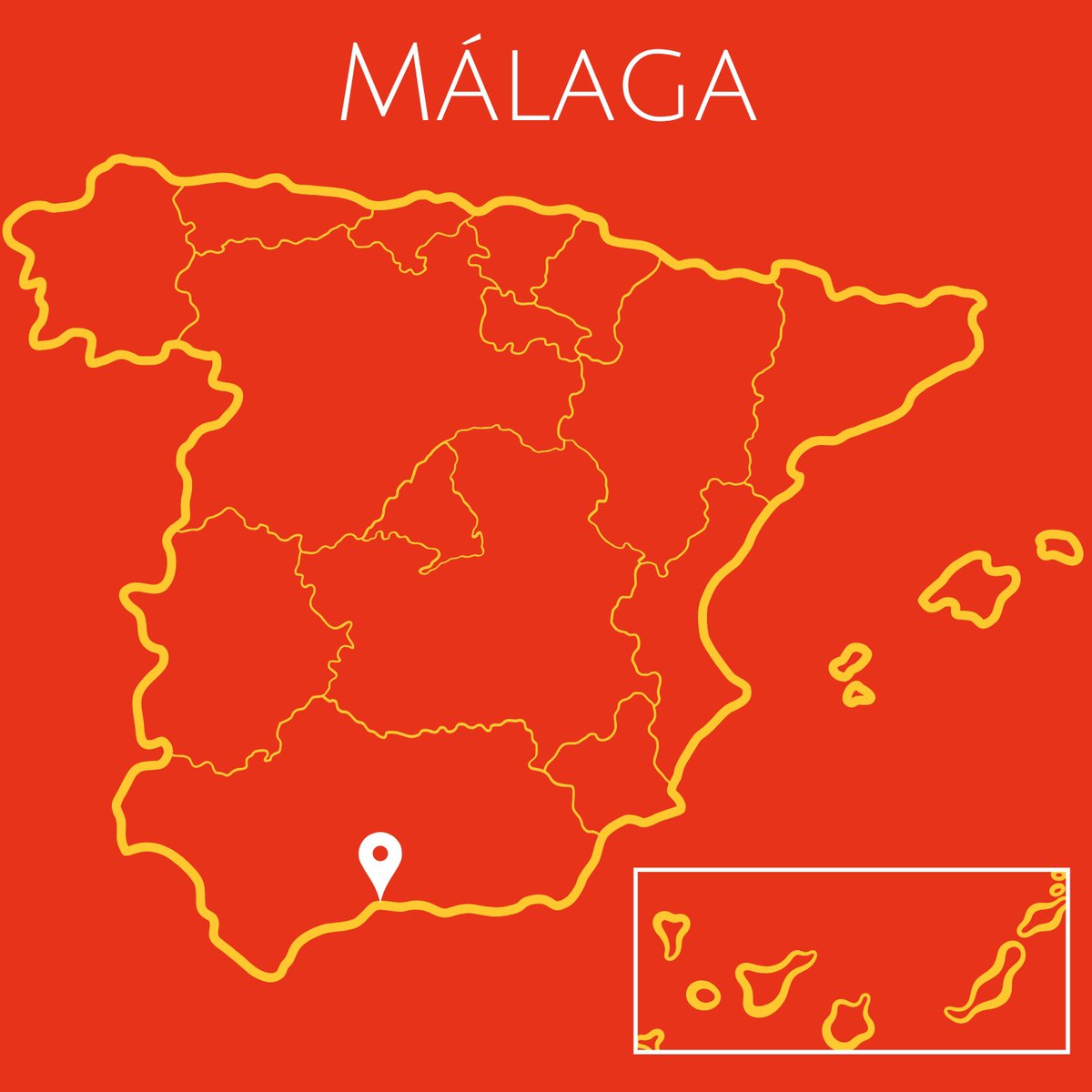 A red map of Spain with the word Málaga at the top