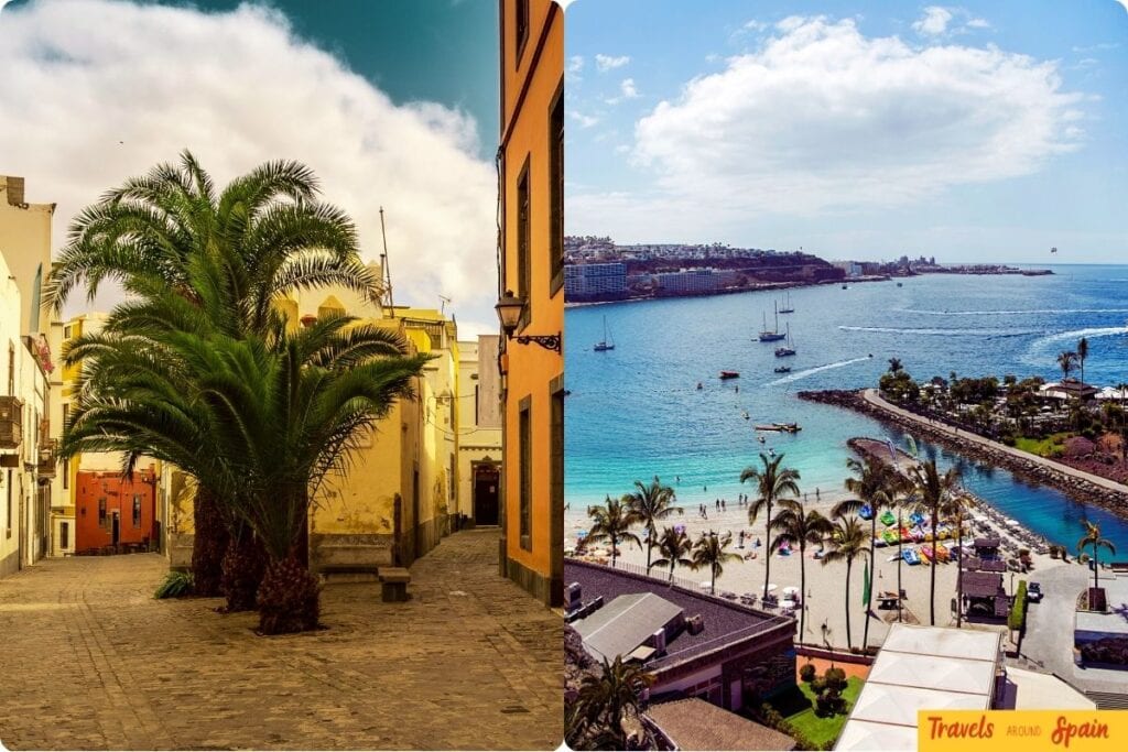 Split image showing what to pack for Gran Canaria in June variety - Las Palmas cobblestone streets and pristine beach resort area.