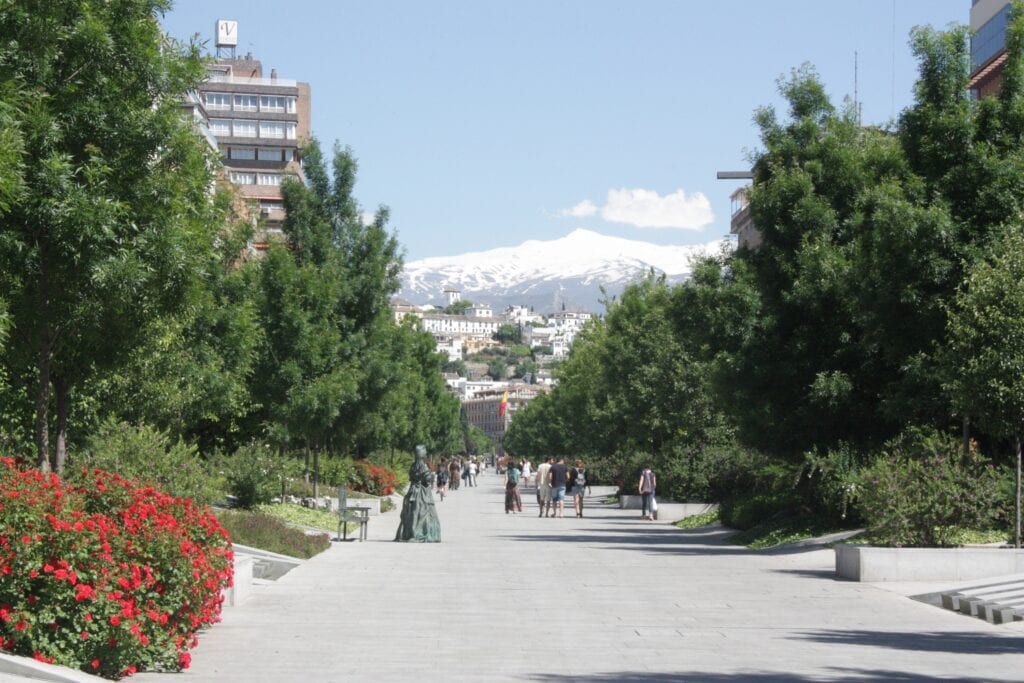 Wide avenue in the Beiro district of Granada, Spain, lined with trees and buildings, illustrating a vibrant neighborhood to explore when deciding where to stay in Granada, Spain.