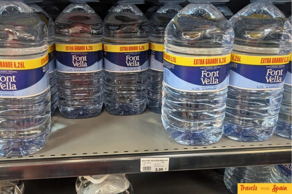 Font Vella 6.25L water bottles priced at €2.80 showing affordable large container options in Gran Canaria
