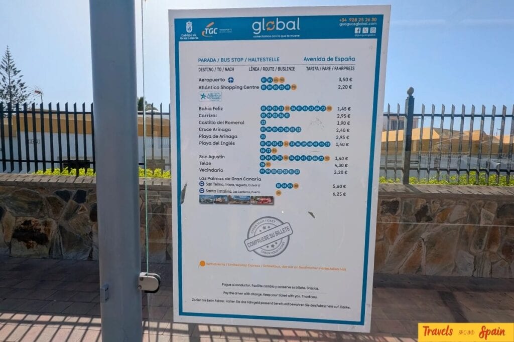 Global bus schedule showing routes from Maspalomas to Las Palmas with prices and times.