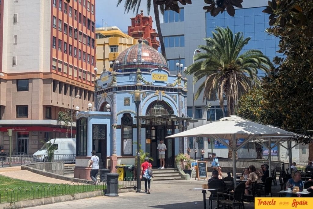 Ornate Modernista café kiosk in Parque de San Telmo with decorative dome and outdoor seating area in Las Palmas