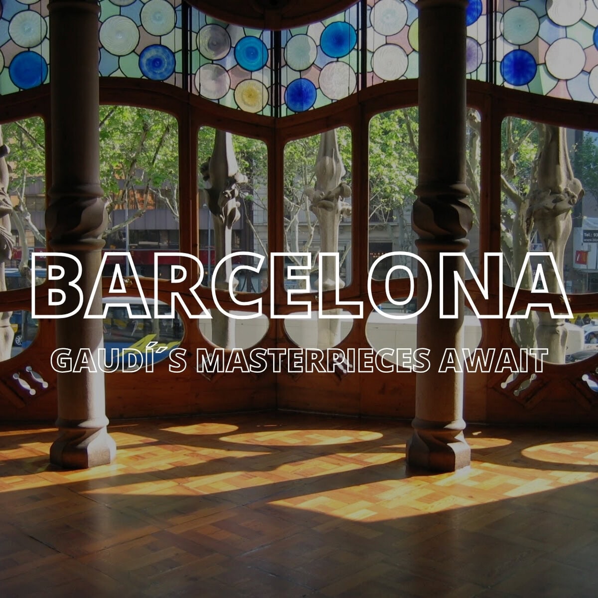 A photo of Gaudi's Casa Batlló with the word Barcelona over the top in white writing.