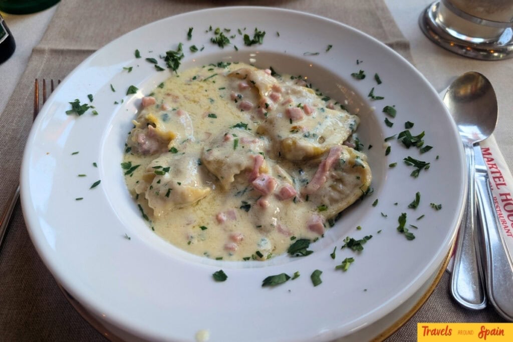 Creamy ham tortellini pasta at Martel House restaurant in Maspalomas Yumbo Centre