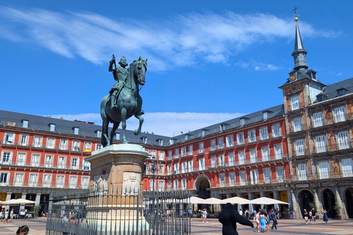 Madrid Plaza Mayor with Felipe III equestrian statue in historic square