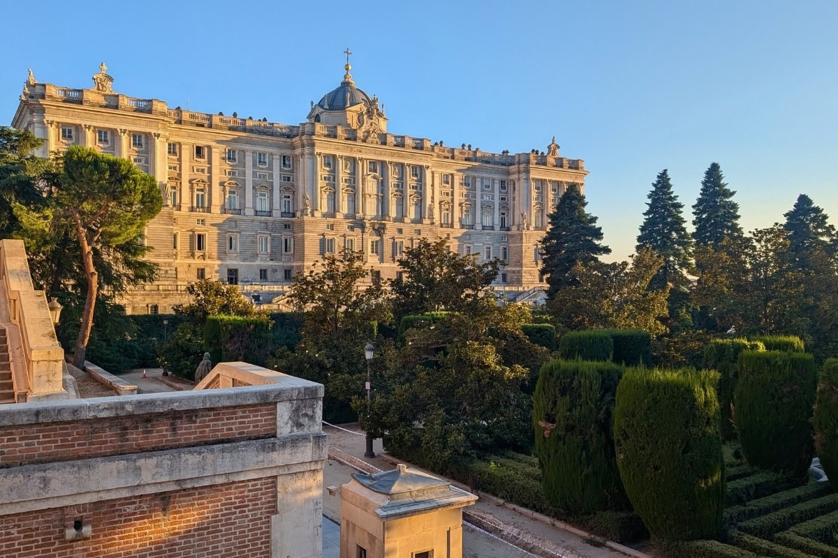 Madrid Royal Palace at sunset viewed from gardens