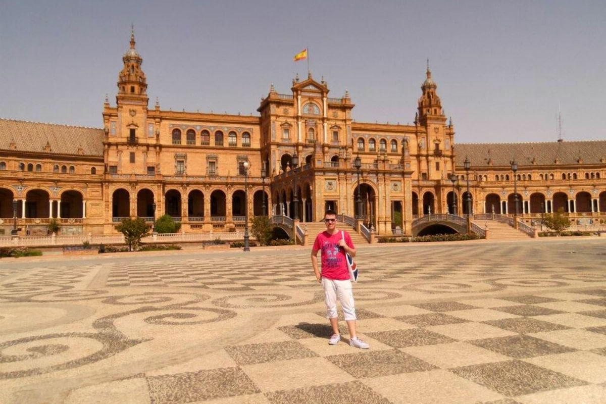 Exploring Plaza de España during golden hour in Seville