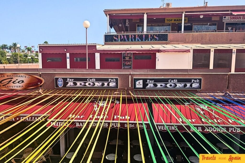 Sparkles Showbar Maspalomas daytime exterior showing location within Yumbo Shopping Centre complex.