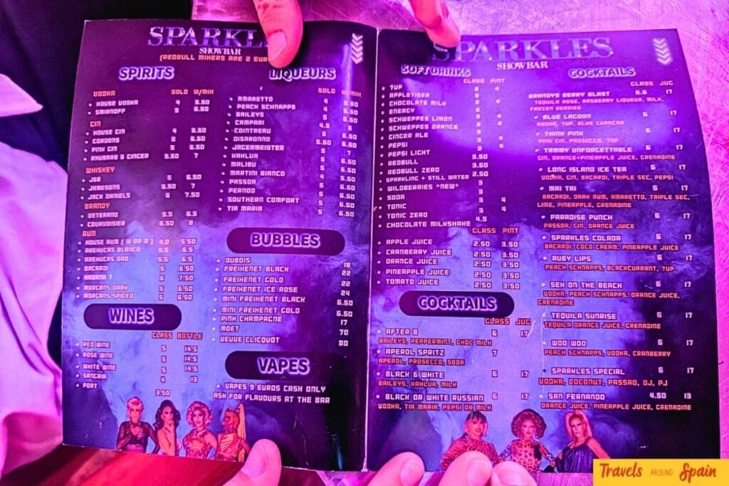 Complete Sparkles Bar Maspalomas drinks menu featuring spirits, cocktails, wines and soft drinks with prices