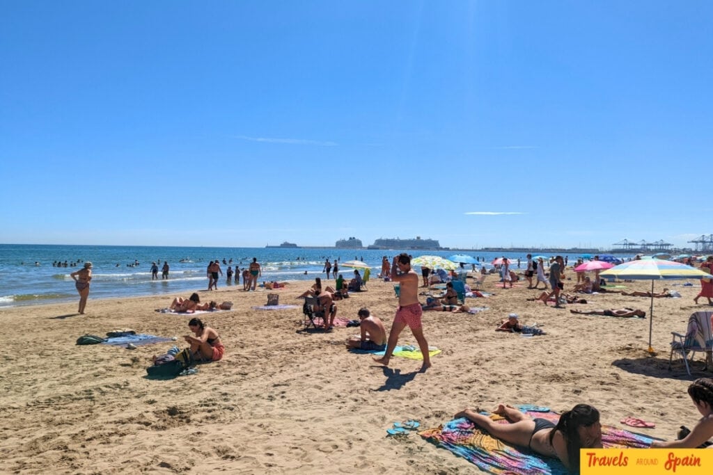 Valencia beach Spain showing cruise ships in Mediterranean perfect starting point for Valencia to Ibiza travel guide