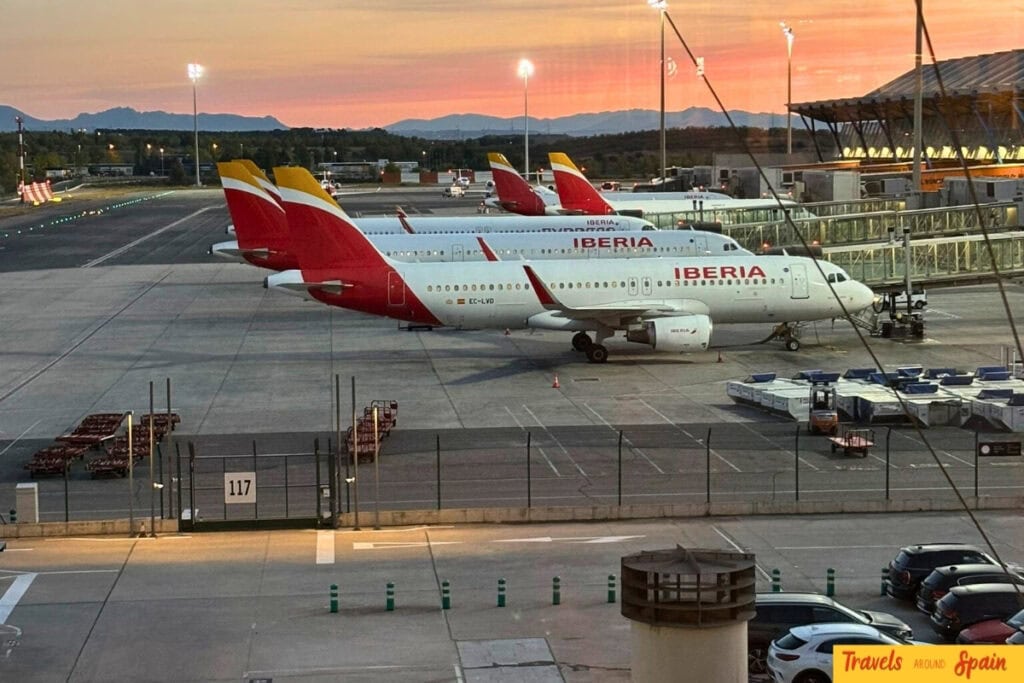Iberia aircraft at Spanish airport offering premium Valencia to Ibiza flights with daily departures and larger carry-on allowances