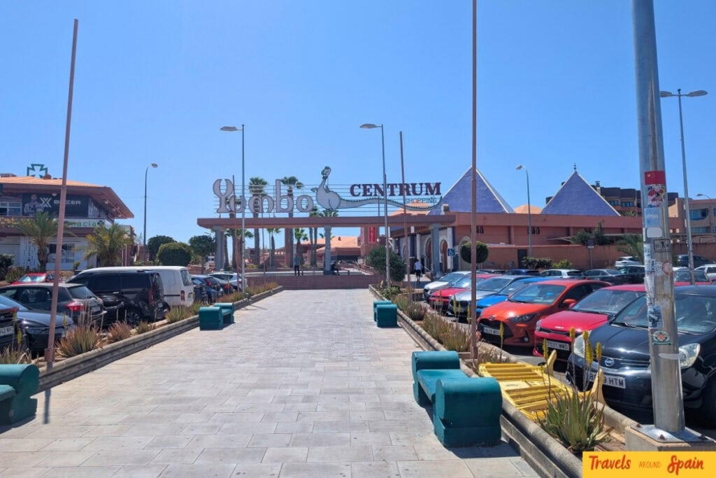 Yumbo Centre entrance in Gran Canaria showing English signage and tourist shopping facilities
