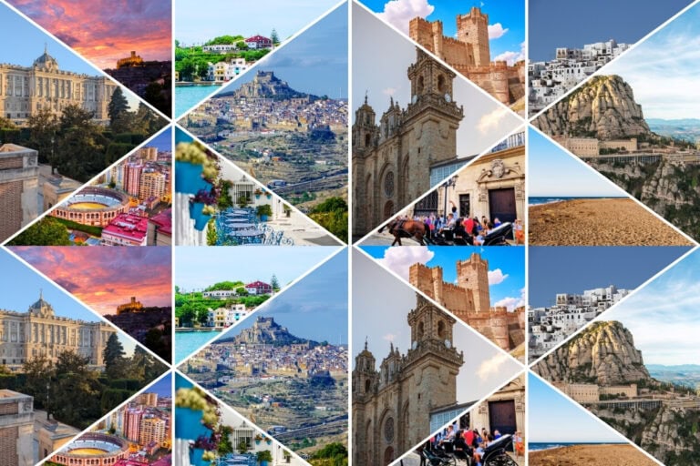 Collage of Spanish destinations beginning with M including Madrid, Málaga, Morella and Montserrat.