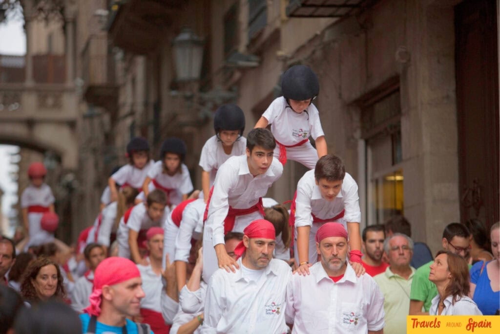 Castellers human towers in Catalonia during an autumn festival