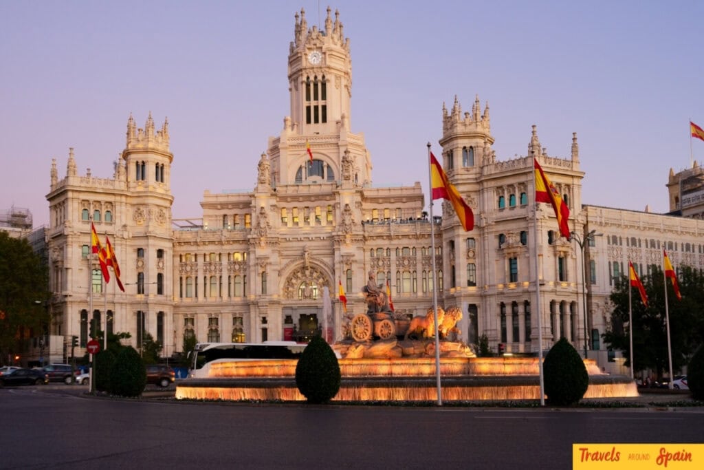 Cibeles Palace in Madrid at sunset during October