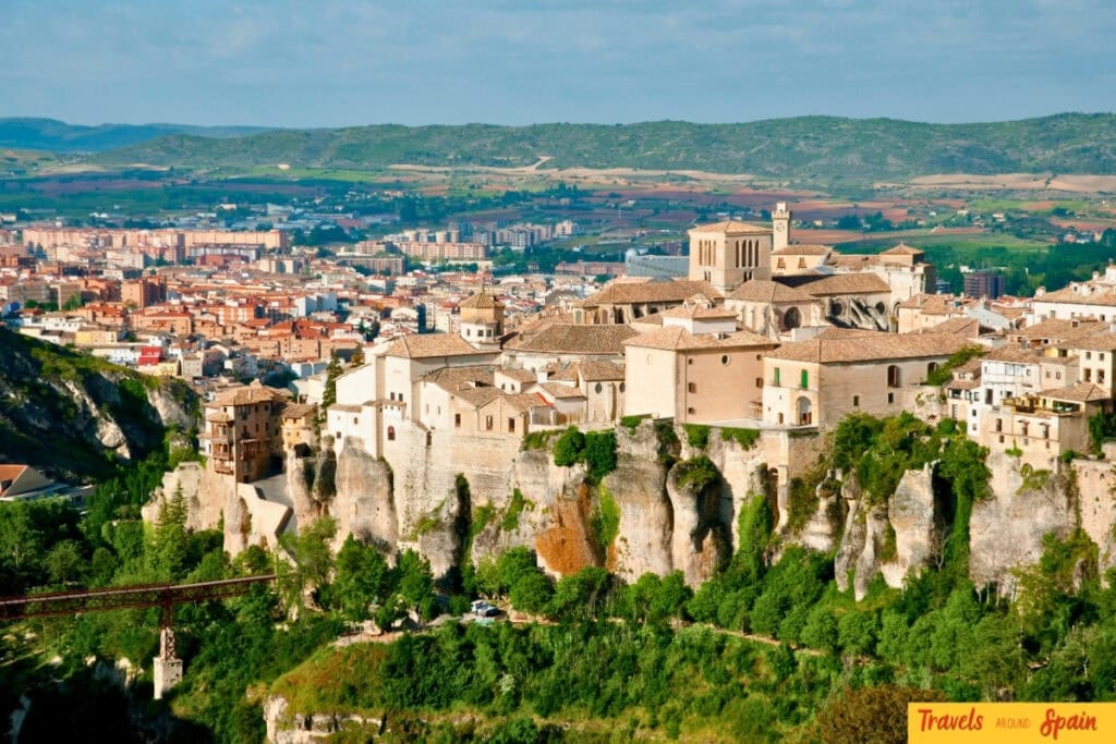The hanging houses of Cuenca with autumn scenery.