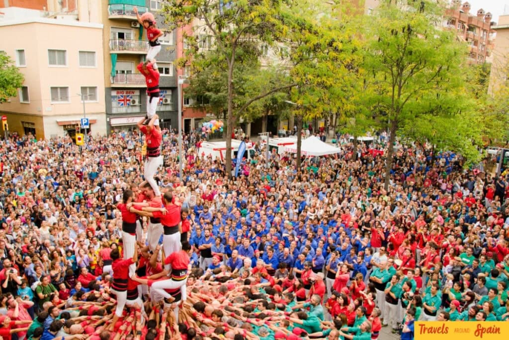 La Mercè festival in Barcelona with castells human towers and crowds