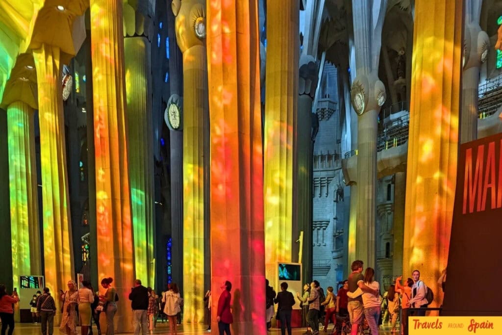 Autumn sunlight shining through the stained glass in the Sagrada Familia, Barcelona