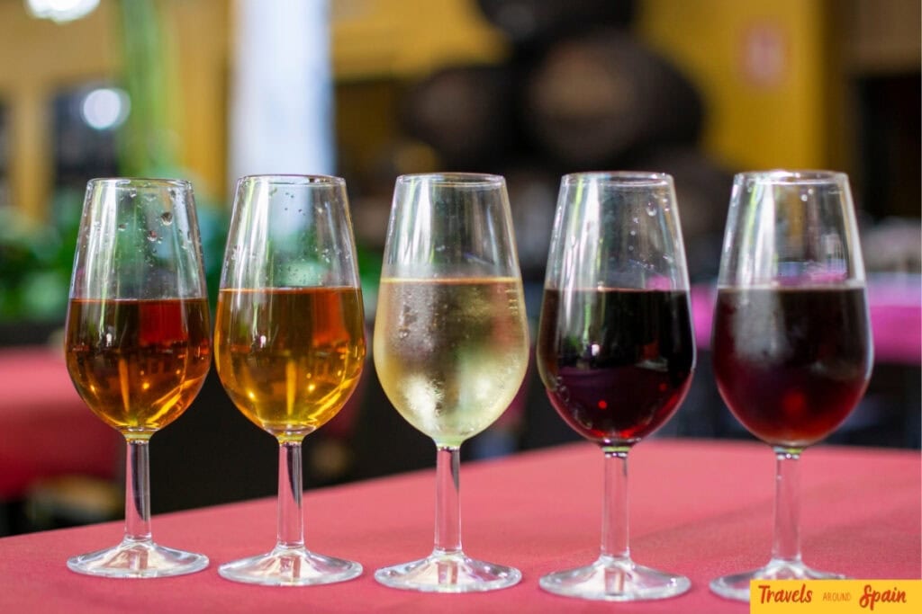 Glasses of sherry wine in Jerez during October harvest season.