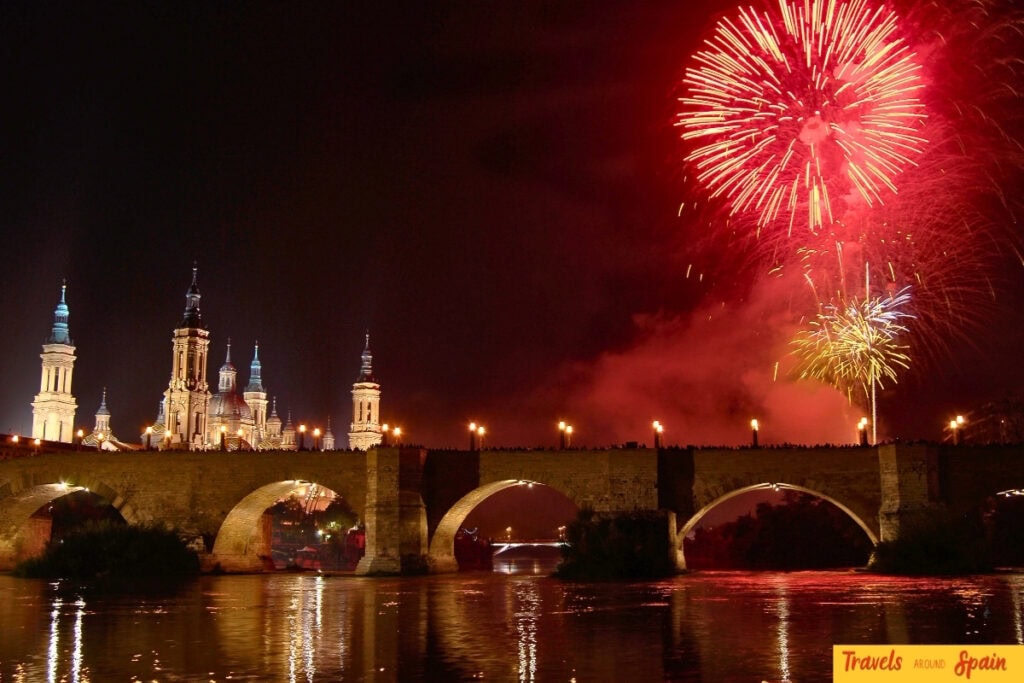 Fireworks over Zaragoza during the Fiestas del Pilar in October