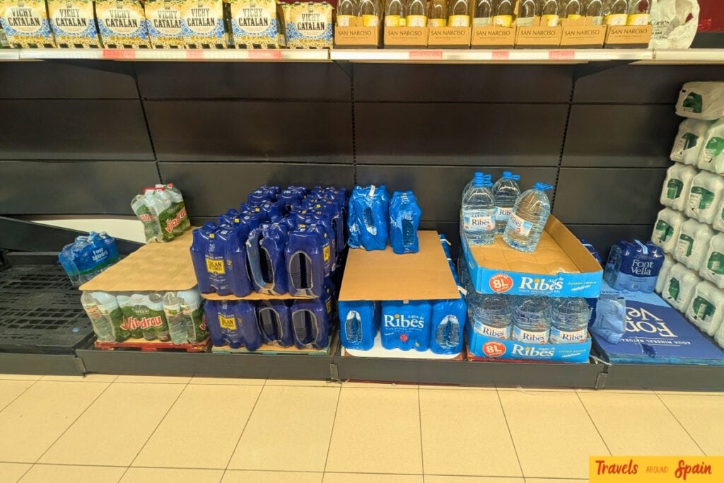 Selection of bottled water brands in a Spanish supermarket
